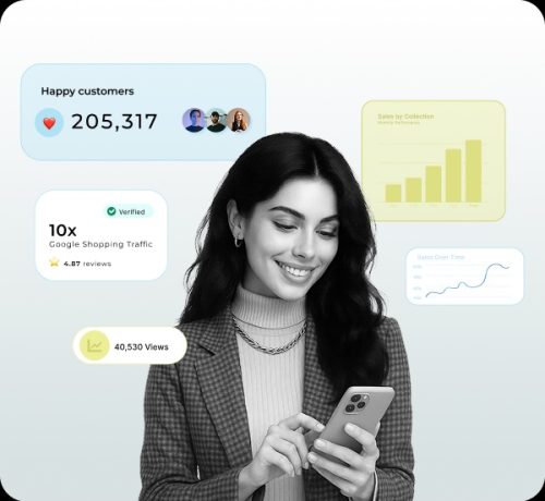 Woman reviewing fashion ad audit results on mobile with floating charts showing 10x Google Shopping traffic and sales growth.