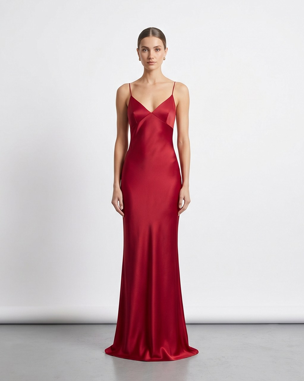 Red silk maxi dress, front view, studio