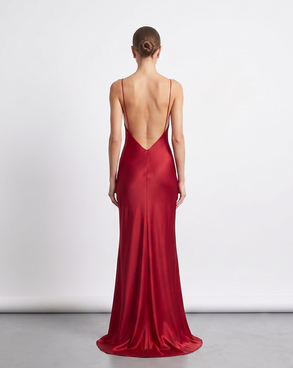Red silk maxi dress, back view, studio