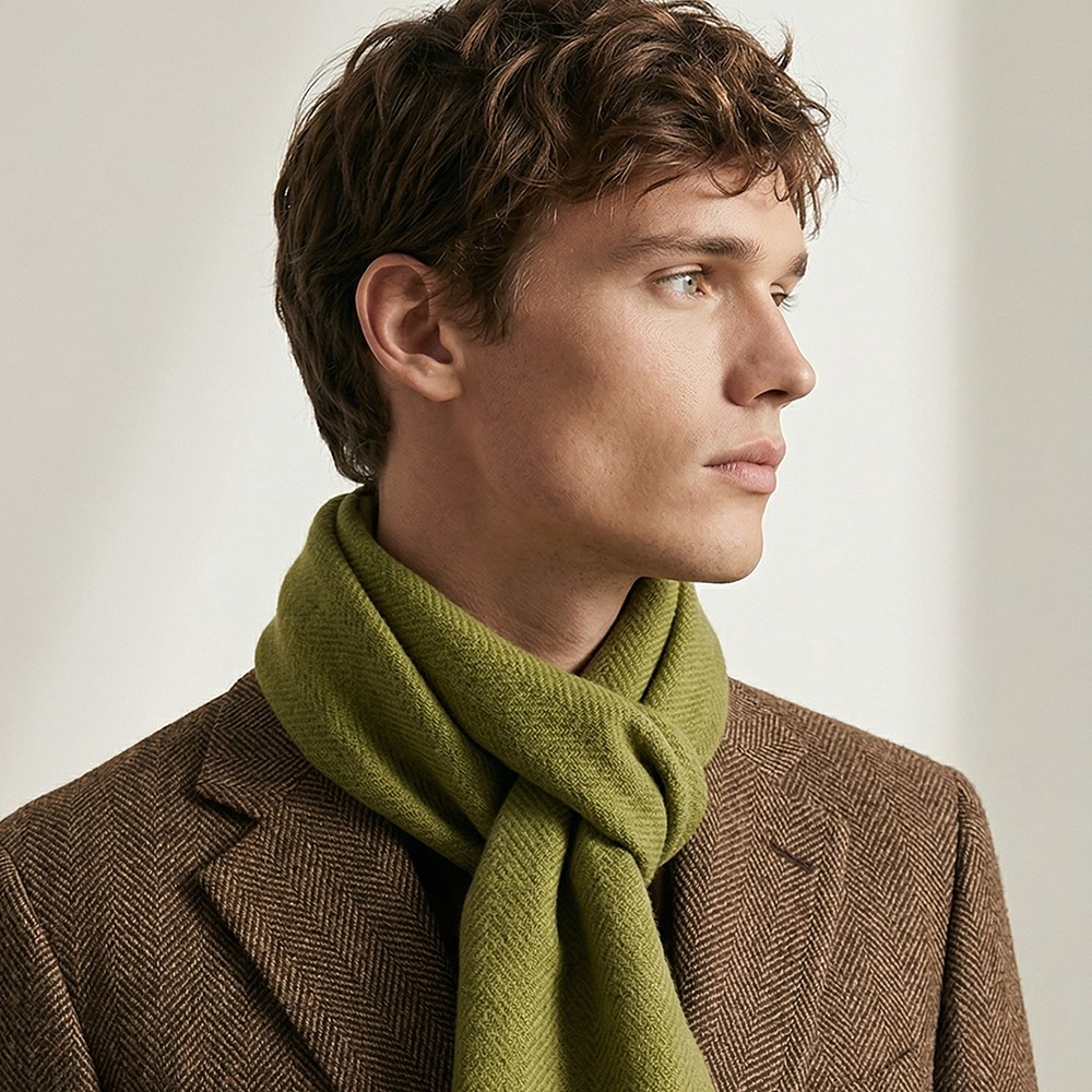 Model in a brown tweed jacket with the olive alpaca scarf