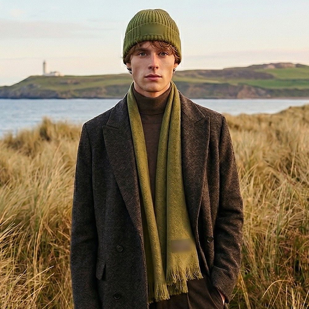 Model in coastal dunes in the olive scarf and beanie