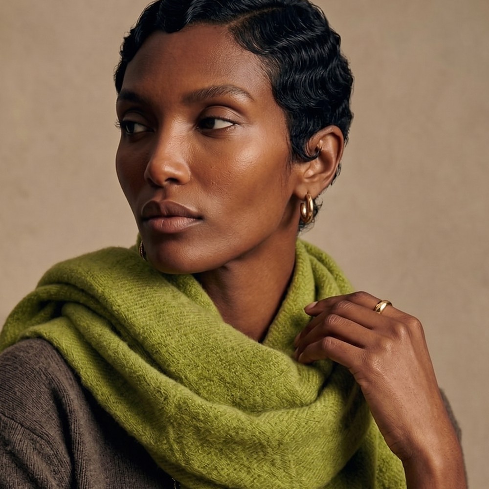 Model in an olive alpaca scarf and brown knit, looking away