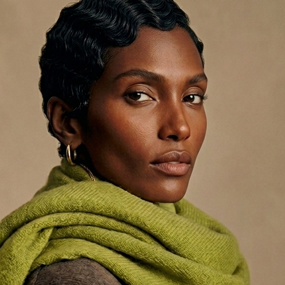 Model wrapped in an olive alpaca scarf, looking to camera
